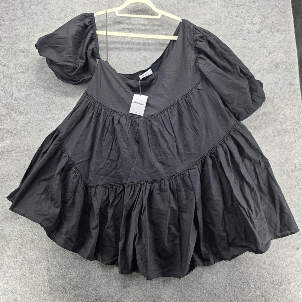 Showpo Dress Womens 12 Black Harleen Asymmetrical Trim Mini Ruffle Puff Sleeve